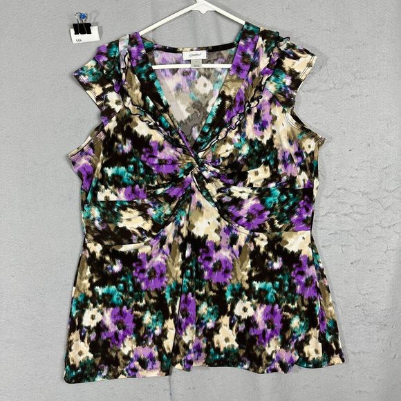 CJ Banks Womens Pullover Flower Purple V Neck Plus Size X - Picture 1 of 14